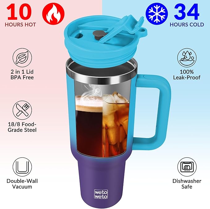40oz Tumbler with Handle | Insulated Stainless Steel Travel Mug | 34Hrs Cold & 10Hrs Hot Retention | 100% Leakproof Lid & Straw | Dishwasher Safe + Car Cup Holder Fit (Light Blue Violet Gradient) - Bloomnest