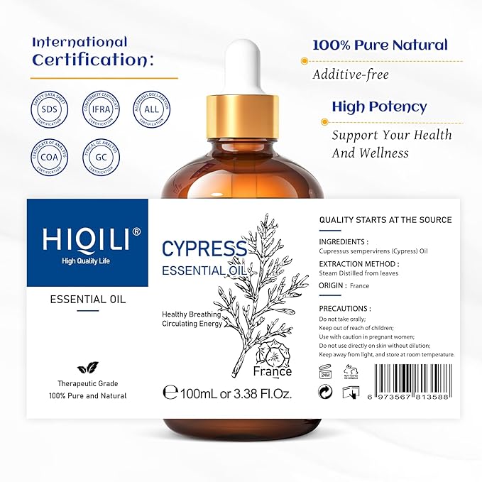 HIQILI 100ML Cypress Essential Oil, 100% Natural for Diffuser, Skin Care, Includes 10ML Travel Bottle - 3.38 Fl Oz - Bloomnest