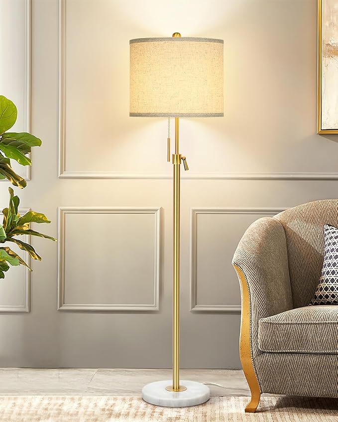 Modern Floor Lamp for Living Room, Adjustable Height Standing Lamp with Marble Base, Gold Tall Pole Light with Linen Shade for Reading Bedroom, Chain Switch, 8W 3-Way Dimmable Bulb Included - Bloomnest