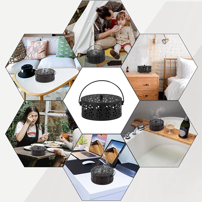 Portable Iron Mosquito Coil Holder with Handle Round Heat-Resistant Incense Holder for Home Office Camping (2Pack Black) - Bloomnest