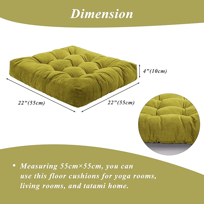 Meditation Floor Pillow 22×22 Inch 1 Pack Large Floor Cushions for Adults Square Tufted Corduroy Floor Pillows for Yoga Living Tatami Room Green - Bloomnest