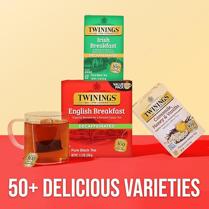Twinings Decaffeinated Irish Breakfast Black Tea Individually Wrapped Bags, 20 Count (Pack of 6), Flavourful, Robust, Enjoy Hot or Iced, 120 Teabags - Bloomnest
