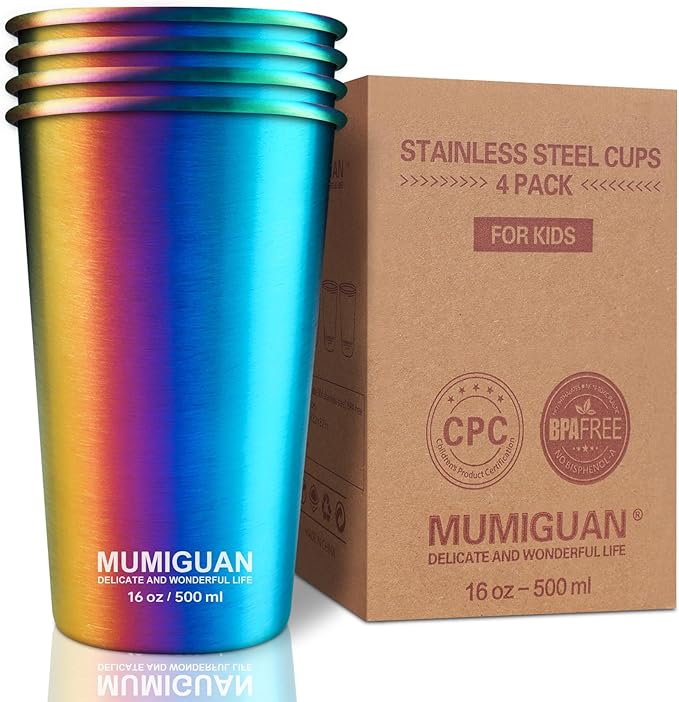 Stainless Steel Cups for Kids 16oz/500ml (4 Pack), Children's Rainbow Electroplating Cups, Camping Stainless Steel Cups, Stackable Metal Drinking Glasses, Toddler Stainless Steel Tumbler, BPA Free - Bloomnest