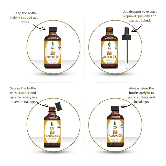 SVA Apricot Seed Oil Organic - 4 Fl Oz – 100% Natural Cold Pressed Organic Apricot Oil - for Face, Skin Care, Hair Care, Scalp Massage & Body Massage – Carrier Oil with Dropper - Bloomnest