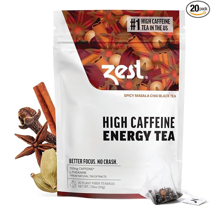 Zest 150mg High Caffeine Energy Leaf Blend - Spicy Masala Chai Black Tea - 20 Pack Bag - All Natural Strong Flavored Healthy Coffee Alternative Highly Caffeinated Substitute - Perfect for Keto Diet - Bloomnest
