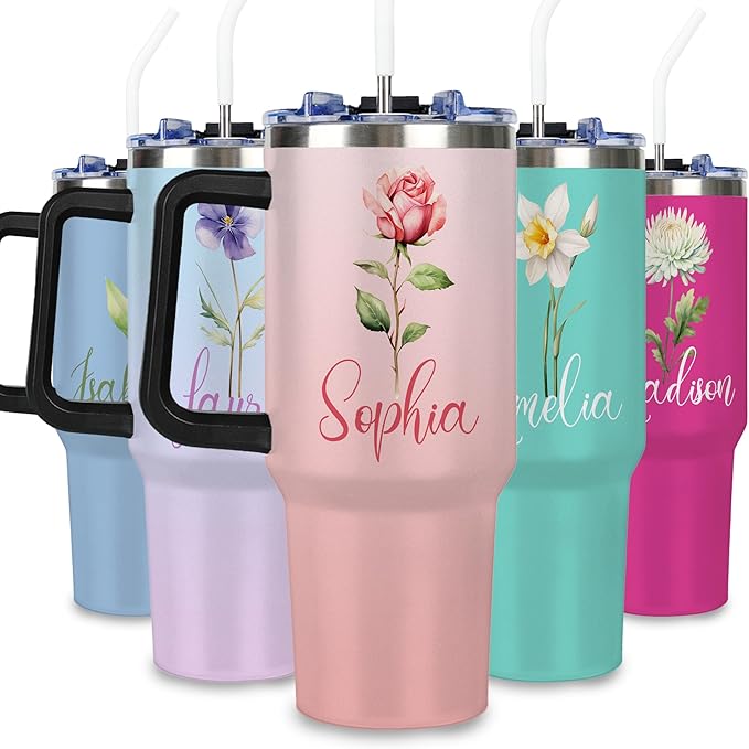 Personalized 40 Oz Tumbler with Handle and Straw Lid, Custom Cup with Name, Stainless Steel Travel Coffee Tumbler, Personalized Mothers Day Birthday Christmas Gifts for Women - Bloomnest
