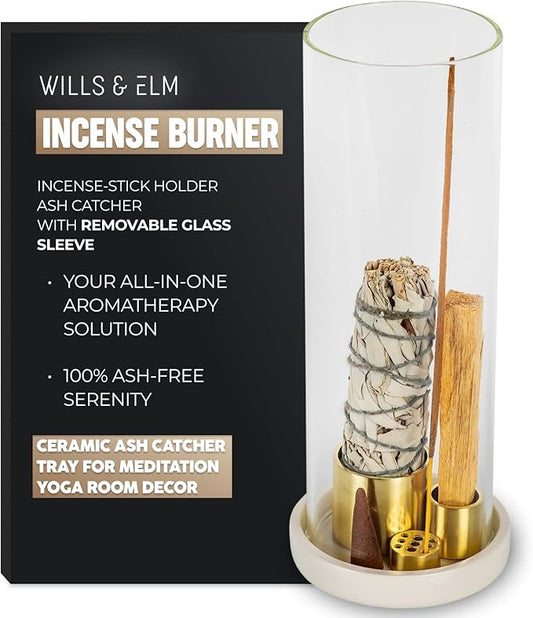4 in 1 Ceramic Incense Burner with Glass Ash Catcher, Incense Holder for Sticks, Palo Santo, Sage and Cones - Ceramic Ash Catcher Tray for Meditation Yoga Room Home Decor - White - Bloomnest