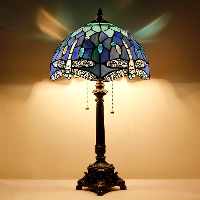 Tiffany Lamp Blue Dragonfly Style Stained Glass Table Lamp Desk Reading Light 12X12X21 Inches with Resin Base Decor Bedroom Living Room - Bloomnest
