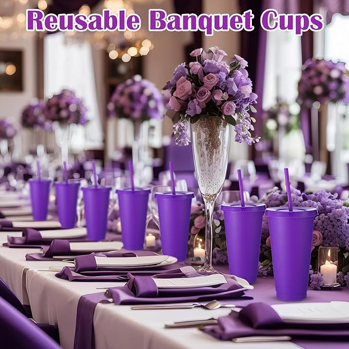 Honeydak 60 Pack Tumbler with Straw and Lid Bulk Water Bottle Iced Coffee Travel Mug Cup Reusable Plastic Cups for Party Birthdays 24-27 oz (Purple Color) - Bloomnest