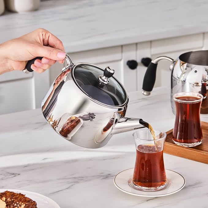 Karaca Stella Stainless Steel Turkish Teapot Set XL, 1L Tea Pot & 2L Water Tank (Kettle), Stove Top/Induction Compatible, Elegant Silver Color, Easy to Clean, Heat-Resistant Handles - Bloomnest