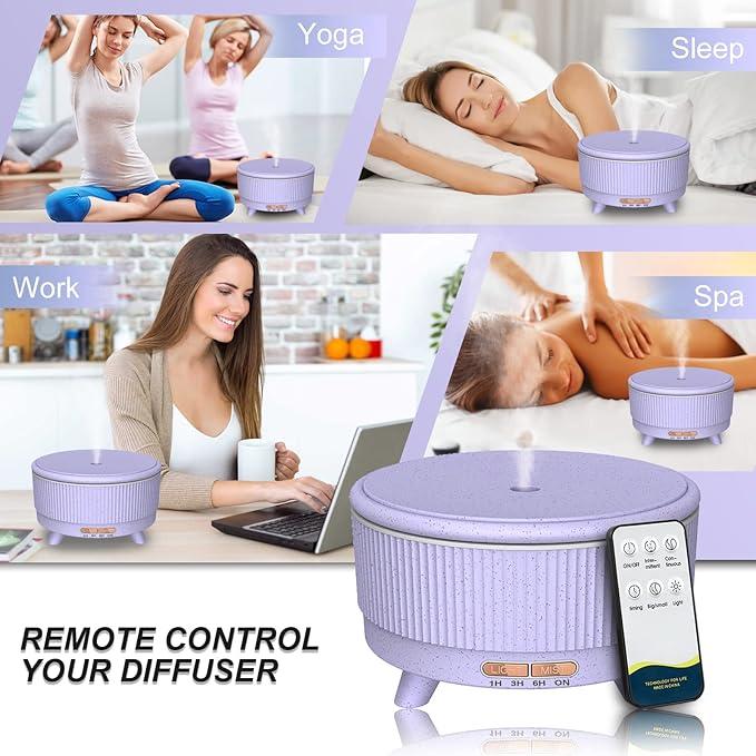 Diffusers for Essential Oils Large Room Humidifier, 500ml Aromatherapy Diffuser Cool Mist Humidifier with Remote Control,7 Colors Lights & 3 Mist Mode Waterless Auto Off for Women Office Light Purple - Bloomnest