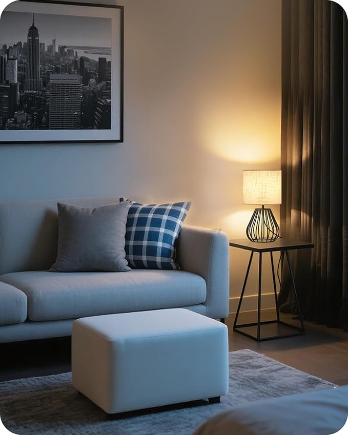 Small Bedside Table Lamp, Black Table Lamp with Metal Cage & Linen Lampshade, Modern Cute Desk Lamp, Cozy Nightstand Lamp for Bedroom, Living Room, Office, 2700K LED Bulb Included, E06TL05 - Bloomnest