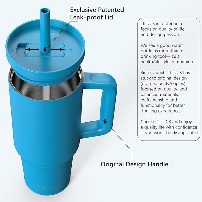 TILUCK 40 oz Tumbler with Handle, Vacuum Insulated Stainless Steel Travel Mug with 100% Leak-Proof Silicone Straw Lid, Cupholder Friendly Water Bottle(LakeBlue, 40oz)