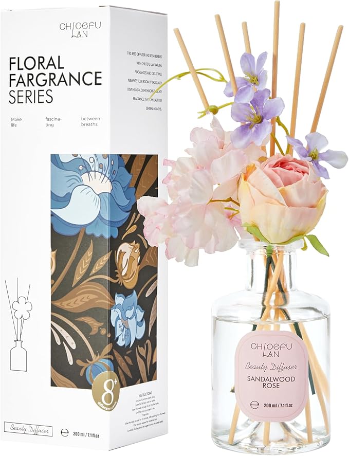 Chloefu Lan Premium Reéd Diffuser Set with Pink & Purple Flowers Reéd Diffuser Sticks Sandalwood Rose | 6.7oz Scent Fragrance Oil Diffuser for Bedroom Bathroom Home Shelf Décor - Bloomnest