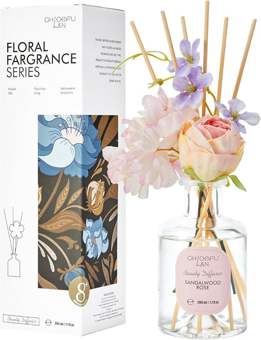 Chloefu Lan Premium Reéd Diffuser Set with Pink & Purple Flowers Reéd Diffuser Sticks Sandalwood Rose | 6.7oz Scent Fragrance Oil Diffuser for Bedroom Bathroom Home Shelf Décor - Bloomnest