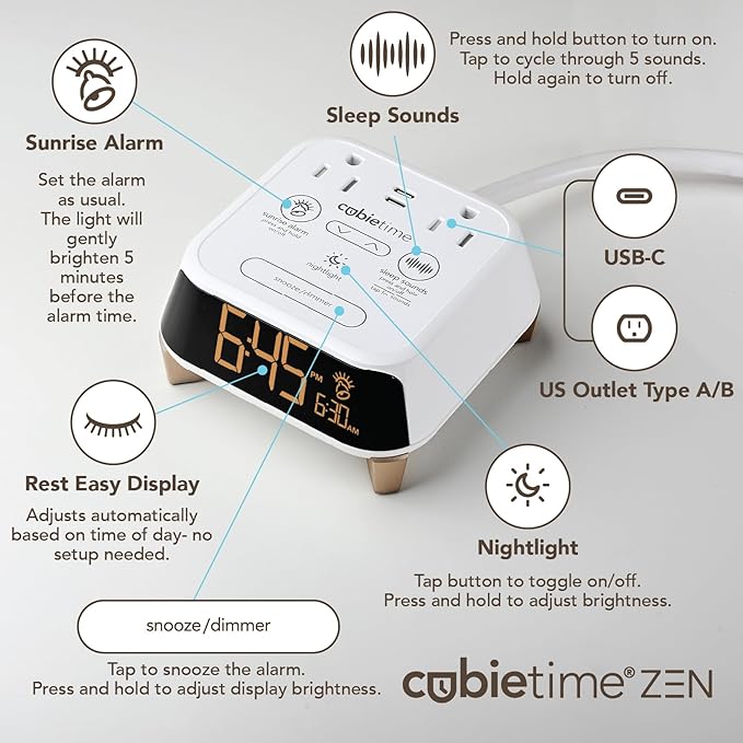 Brandstand CubieTime Zen White | Alarm Clock Charger with White Noise and Sunrise Alarm | 2 USB-C Ports | 2 Tamper Resistant Outlets |Night Light