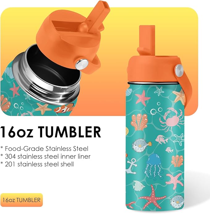 Ocean Gifts for Kids - 16 Oz Green Water Bottle with Straw Lid, Stainless Steel Insulated Tumbler, Leak Proof, BPA-Free, for Girls & Boys, School, Beach - Marine Life Lovers Birthday Gifts (1pc) - Bloomnest