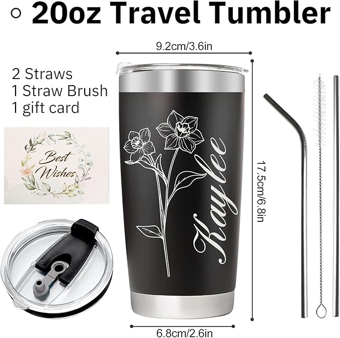 Personalized Tumbler with Name & Birth Flower Month, Custom Coffee Tumbler Stainless Steel Travel Mug Cup 20 Oz Personalized Gifts for Birthday Christmas Anniversary for Dad Mom Kids - Bloomnest