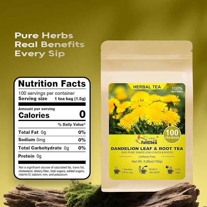 FullChea - Dandelion Leaf & Root Tea Bags, 100 Teabags, 1.5g/bag - Natural Dandelion Herbal Tea for Liver & Kidney Health - Non-GMO - Caffeine-free - Support Digestion & Boost Immune System - Bloomnest