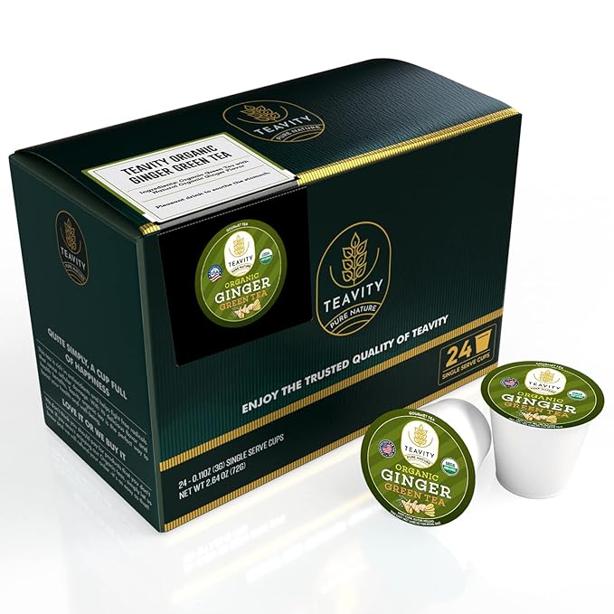 Green Tea & Ginger Tea Pods for Keurig - Caffeinated, Organic, Dye Free, Unsweetened, Herbal Blend for K Cup Machines - Hot or Iced (24 Tea Pods) - Bloomnest
