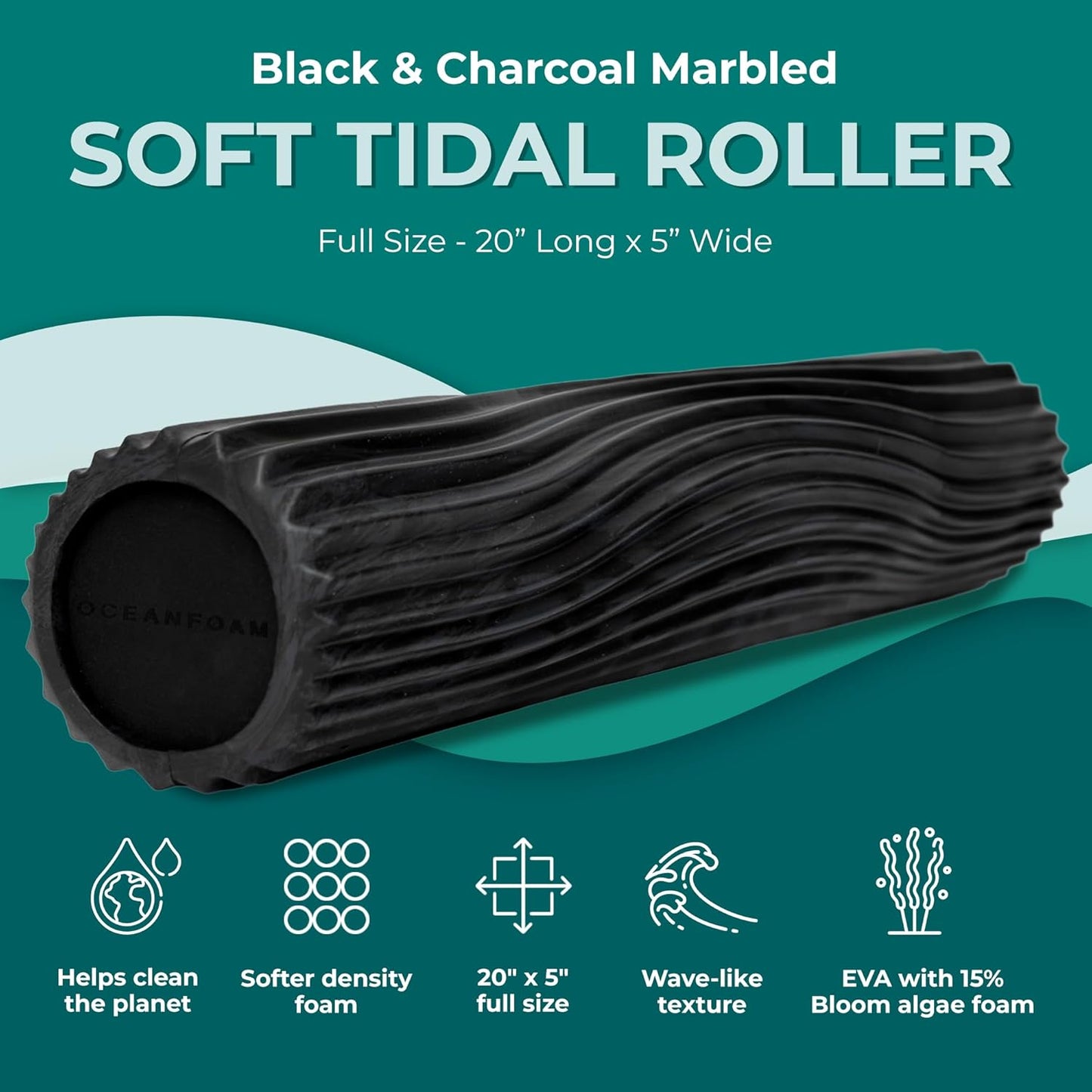 Oceanfoam Soft Tidal Roller (Black & Charcoal Marbled) - Low Density Foam Roller for Physical Therapy, Back Pain, Exercise & Stretching - Wave Textured - Yoga & Wellness - Full Size, 20" x 5"