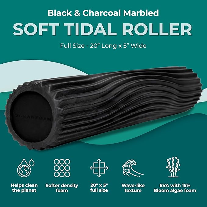 Oceanfoam Soft Tidal Roller (Black & Charcoal Marbled) - Low Density Foam Roller for Physical Therapy, Back Pain, Exercise & Stretching - Wave Textured - Yoga & Wellness - Full Size, 20" x 5" - Bloomnest