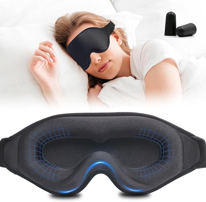 3D Sleep Mask with Earplugs, 100% Light Blackout Eye Mask for Sleep, Washable Sleeping Mask, 0 Pressure Eye Covers for Sleep with Wider Adjustable Strap, Only 1.3oz Light Soft Sleeping Mask (Black) - Bloomnest