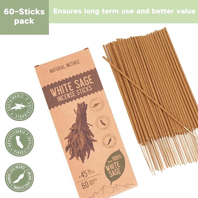 White Sage Incense Sticks - Total 60 Insence-Sticks - Smudging Incense for Positive Energy & Spiritual Cleansing