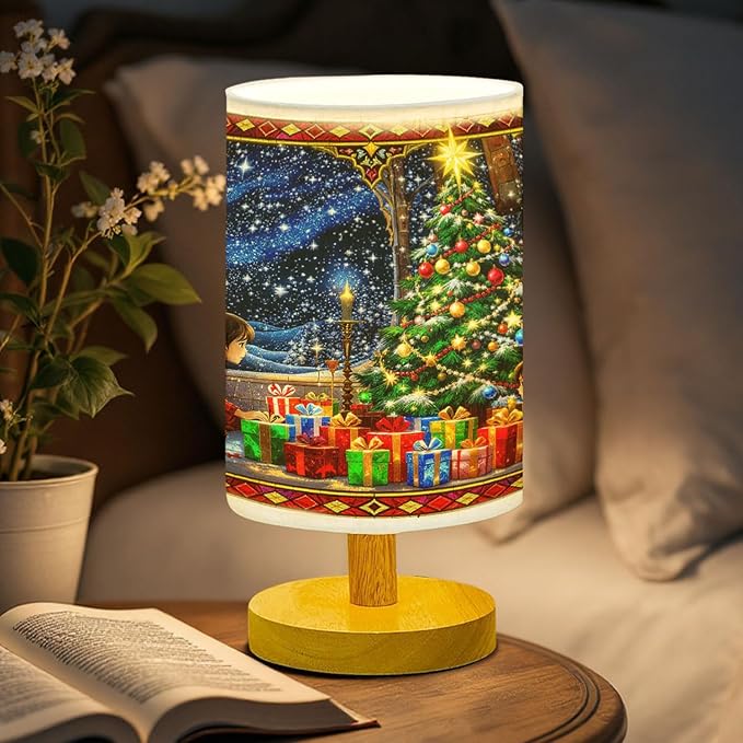 Christmas Eve Table Lamp LED 3-Color Pressed Bedside for Merry Christmas, Christmas Eve Shade Christmas Table Lamp with Wood Base for Bedroom Living Room Desk Office - Bloomnest