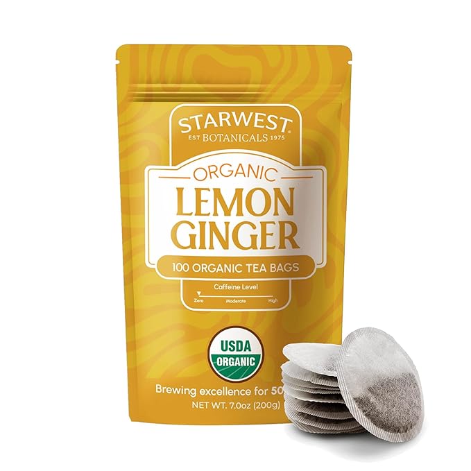 Starwest Botanicals Organic Lemon Ginger Tea - Caffeine Free Herbal Blend for Women & Men, Lemongrass, Ginger Root, & Peppermint Leaf, String Free Sachets, Non GMO - Bulk Pack, 100 Tea Bags - Bloomnest