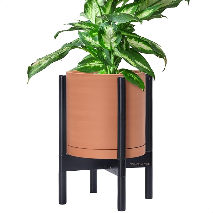 D'vine Dev Terracotta Planter with Ebony Stand - 10 Inch Modern Round Flower Pot with Wood Planter Holder, Terracotta, 55-B-L-5 - Bloomnest