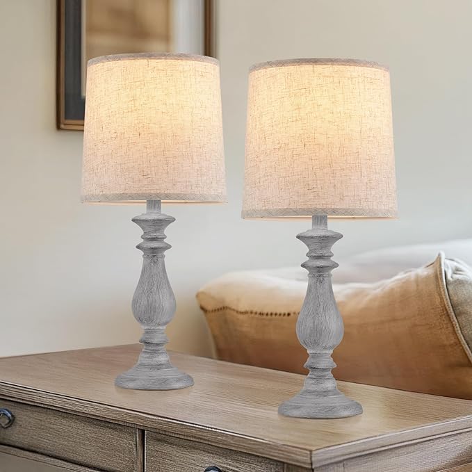 Lamps Set of 2 Vintage Rustic Farmhouse Table Lamps Bedside Reading Lamp Bedroom Nightstand Living Room Teapoy Lamp, Desk Light, 22 Inch High,Light Grey, with Fabric Shade, Bulb Not Included - Bloomnest