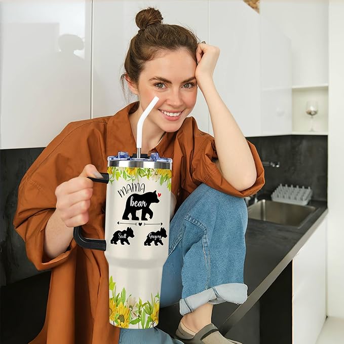 Personalized Mama Bear Tumbler with Kids' Names, Custom 40oz Tumblers with Handle and Straw Lid, Mothers Day Birthday Gifts From Daughter Son, Stainless Steel Travel Coffee Mug, Gifts for Christmas - Bloomnest