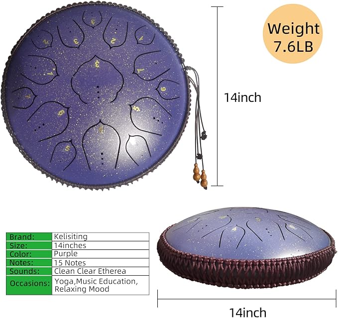 14 Inch 15 Notes D Major Steel Tongue Drum,Premium Adult's Music Hand Drum Instrument,Clean Clear Ethereal Sounds,Purple - Bloomnest