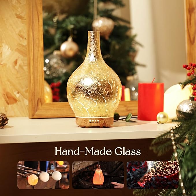 Porseme Gold Plated Essential Oil Diffuser Glass Aromatherapy Ultrasonic Humidifier, Auto Shut-Off,Timer Setting, BPA Free,Aroma Decoration for Home,Office,Gym,Spa,Premium Gift 150ml Porseme