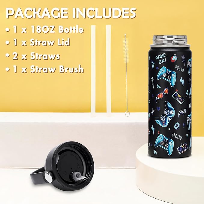 18oz Kids Insulated Water Bottle with Straw Lid - 18/8 Stainless Steel Kid Cup BPA-FREE Travel Tumbler Double Wall Vacuum Leak Proof Portable Toddler Water Bottle (Game) - Bloomnest