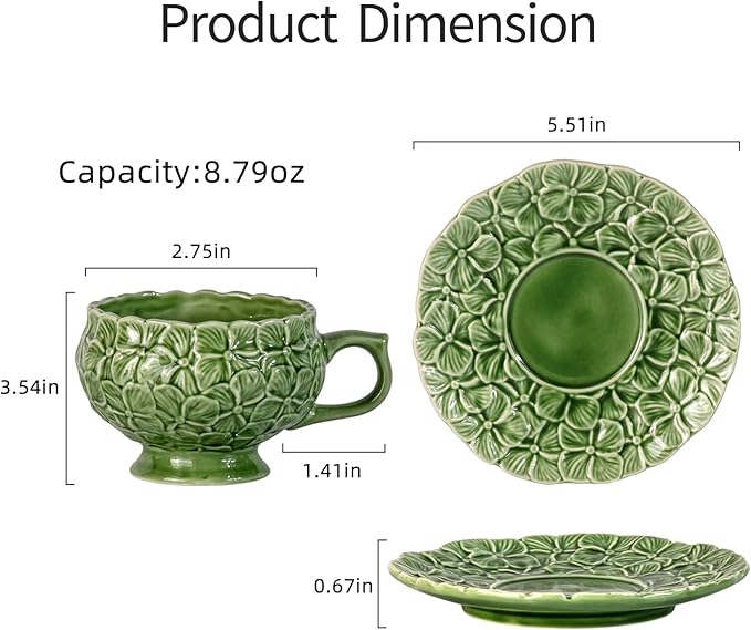 KAMMAK Tea Cups and Saucers Set of 2, Porcelain Coffee Cups, 8.5-Ounce Stackable Espresso Mugs, Ceramic Demitasse for Coffee, Latte, Americano, Tea, Green Flower - Bloomnest