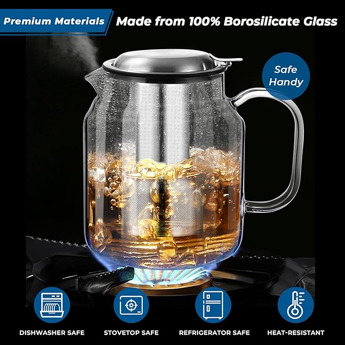 Aquach 85oz Glass Teapot with Stainless Steel Removable Infuser, Stovetop & Dishwasher Safe, Ideal for Brewing Loose Leaf & Blooming Tea - Bloomnest