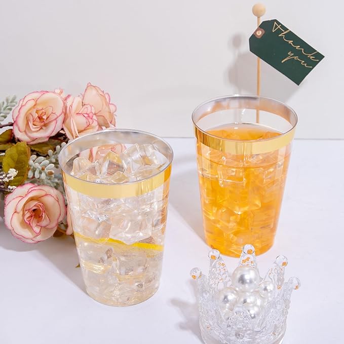 I00000 100 Pack 12 oz Gold Plastic Cups, Gold Rimmed Disposable Cups, Disposable Wine Glasses Cocktail Glasses Premium Cup with Golden Rim, 12 Ounce Plastic Tumblers for Party & Wedding - Bloomnest