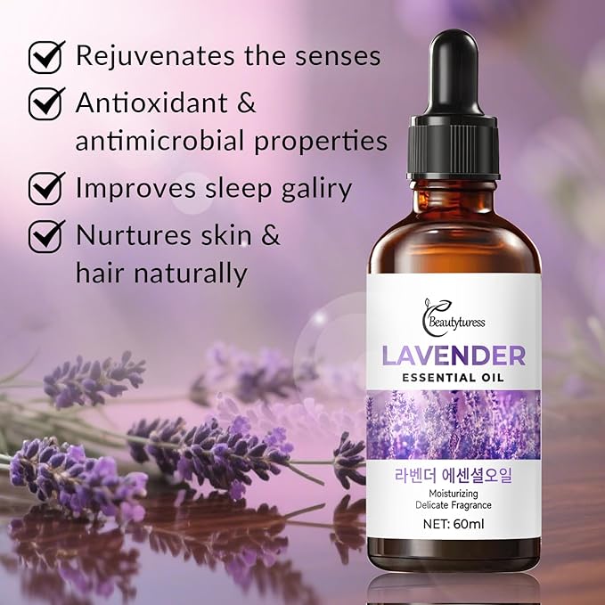 Lavender Essential Oil - 100% Pure & Natural Therapeutic Grade for Aromatherapy Diffuser, Skin & Hair Care - Relaxing & Calming Scent for Sleep Support - Large 60 mL Glass Bottle with Dropper OKADY