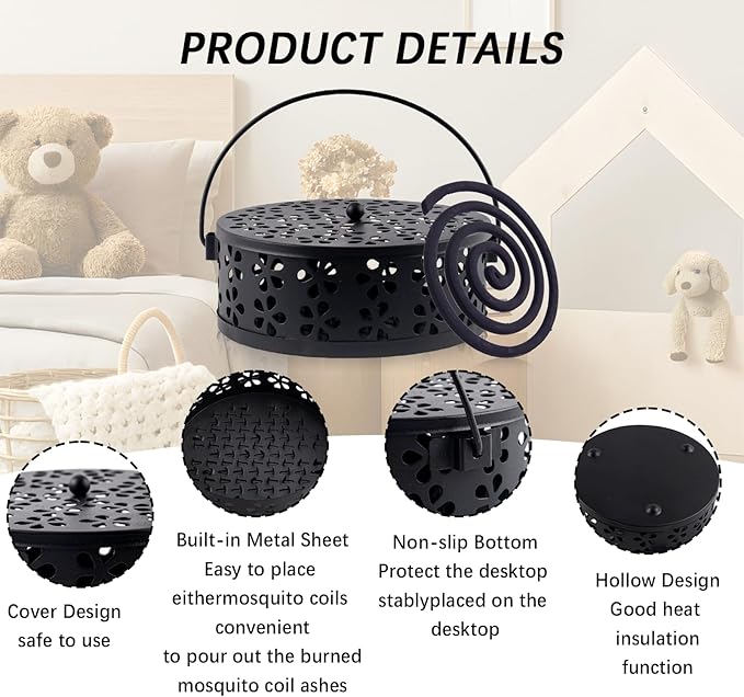 4 Pcs Mosquito Coil Holder Incense Coil Holder, Retro Iron Portable Hanging Outdoor Incense Burner Holder with Handle Round Metal Incense Holder for Home Camping Indoor Outdoor Patio (Black) - Bloomnest