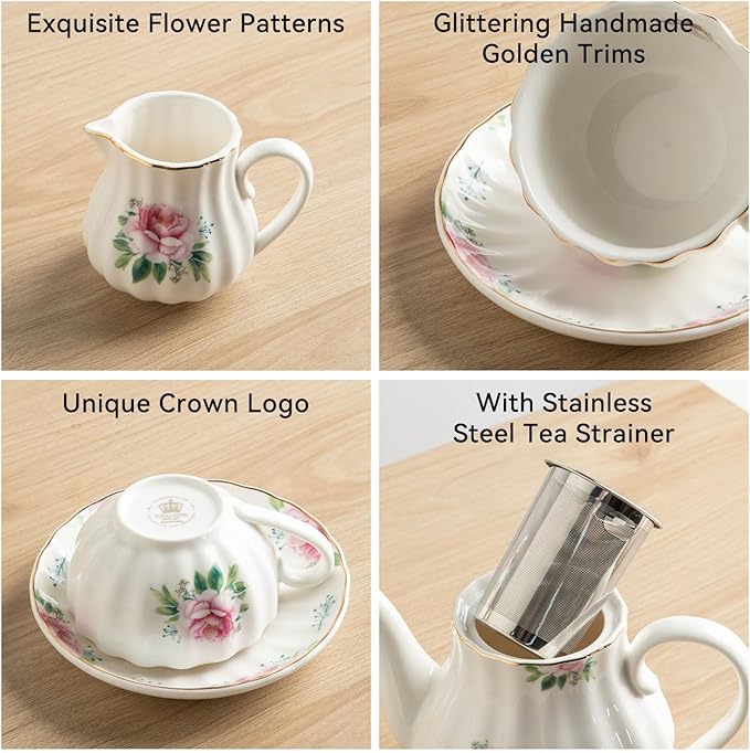 Porcelain Tea Sets British Royal Series, 8 OZ Cups & Saucer Service for 6, with Teapot Sugar Bowl Cream Pitcher Teaspoons and Tea Strainer, Suitable for High Tea, Wedding, Party(Blush Pink) - Bloomnest
