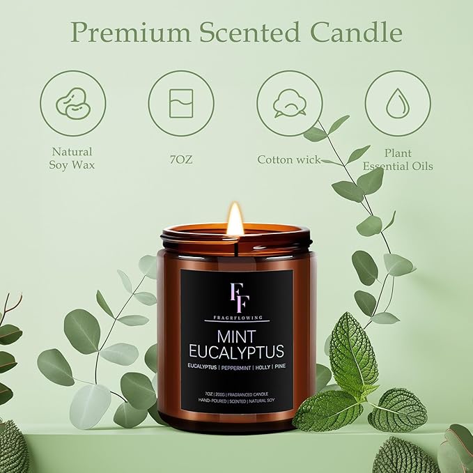 Mint Eucalyptus Candle, Scented Candle for Home Soy Wax Candle, Aromatherapy Candle Gift for Women Men, 50H Burns Long-Lasting, 7oz - Bloomnest