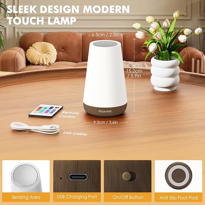 Auxmir Night Light, Dimmable Touch Lamp for Bedroom, 13 RGB Colors & 5 Brightness, Portable Rechargeable Bedside Table Lamp for Baby Nursery, Night Lights for Bedroom Living Room Bathroom Hallways - Bloomnest
