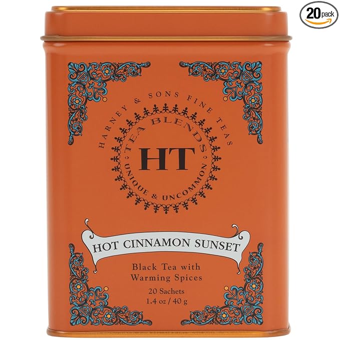 Harney & Sons Caffeinated Hot Cinnamon Sunset Black Tea with Orange and Cloves Tin 20 Sachets (Pack of 1) - Bloomnest