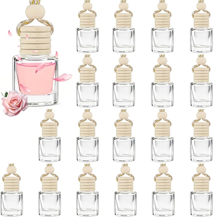 20 Pcs car Diffuser Bottle Set with Wooden Caps,Dropper and Funnel, Empty Glass car air freshener Bottle Bulk Hanging Essential Oil Fragrance Pendants for Car Decor，Can DIY Car Air Freshners Diffuser - Bloomnest