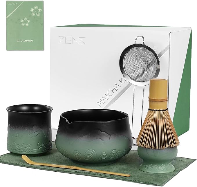 ZENS Matcha Whisk Set, 7pcs Matcha Kit Set with Ceramic Bowl and Matcha Cup, Bamboo Whisk & (Chasen Holder) Sifter, Scoop -Tea Towel, Japanese Chawan for Matcha-Making, Sage Green - Bloomnest