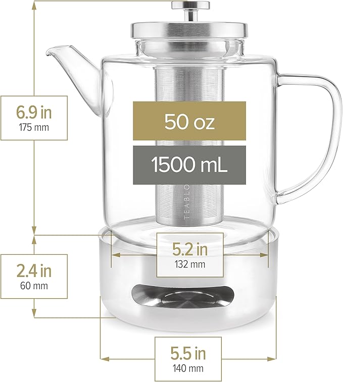 Teabloom Joyful Warmth Teapot with Tea Warmer – 50 oz (6+ Cups) Hand-Blown Borosilicate Glass, Stainless Steel Loose-Leaf Infuser, Heat-Resistant Kettle, Elegant Gift Set for Tea Lovers - Bloomnest