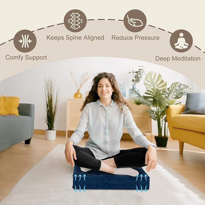 Wellsin Square Floor Pillows for Adults Kids - Meditation Floor Pillow Seating Cushion - Tufted Floor Cushion with Shredded Foam & Velvet Cover, 2 Pack, 20x20 Inch, Dark Blue