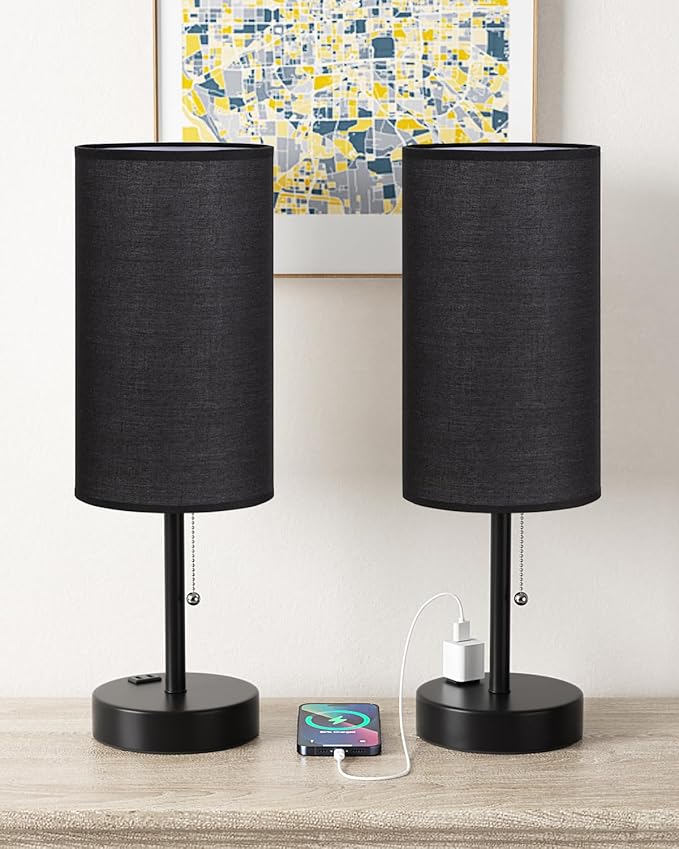 Fenmzee Large Black Bedside Lamps Set of 2-3 Color Temperatures Pull Chain Lamp with AC Outlet Charging Port, Two Round Night Stand Lamps for Bedroom Guest Room Office, Bed Side Light - Bloomnest